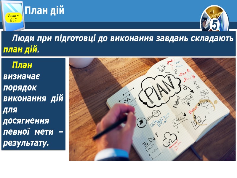 План дій Люди при підготовці до виконання завдань складають план дій. План визначає порядок